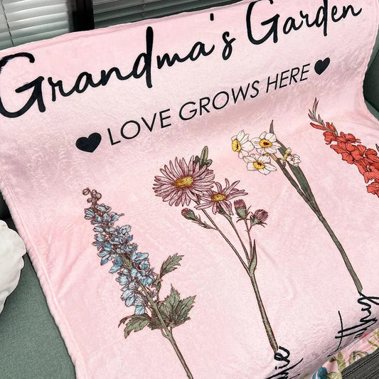 Personalized 'Love Grows Here' Floral Blanket for Mom & Grandma