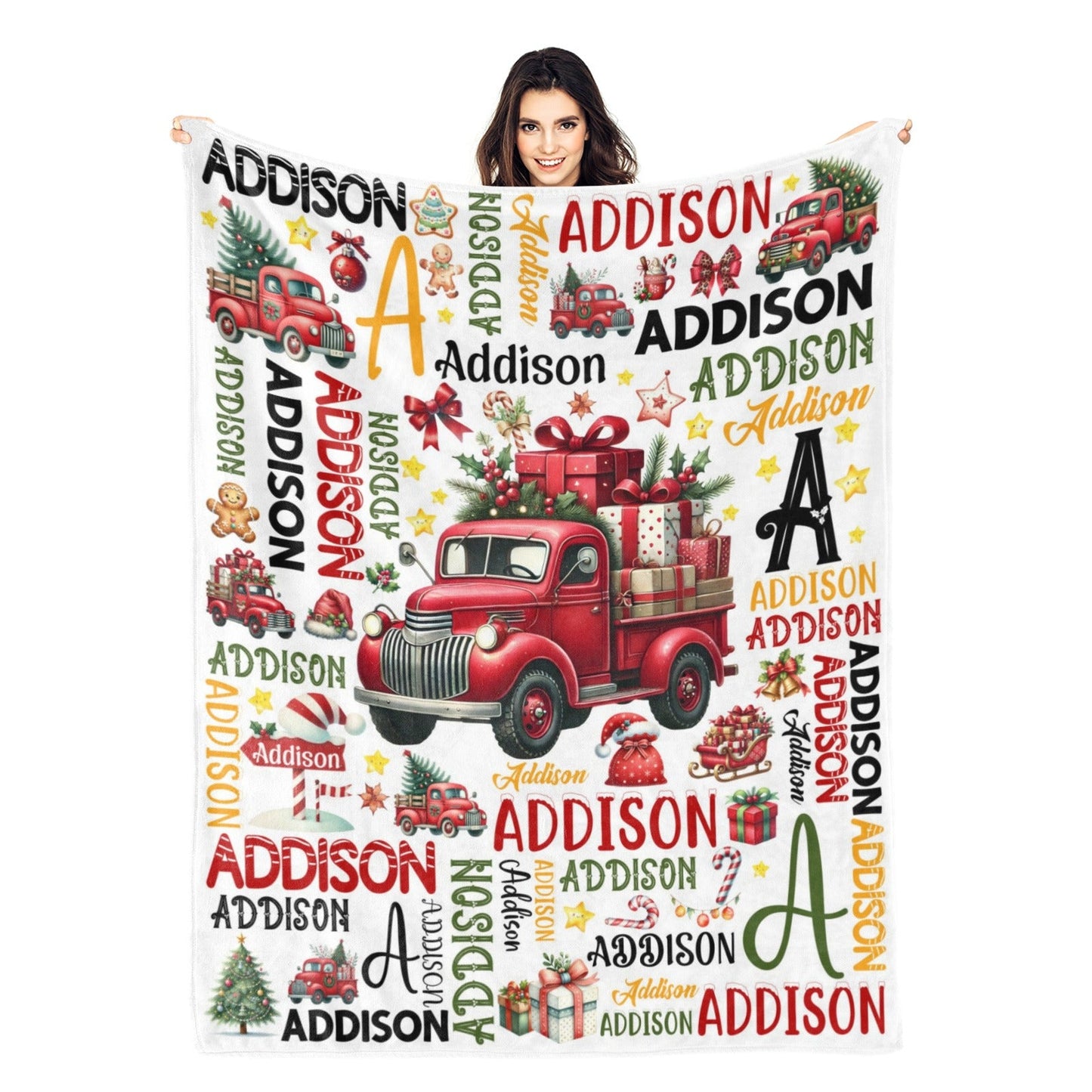 Personalized Christmas Truck Name Blankets - Custom Gift for Kids