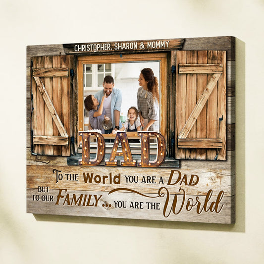 Personalized dad photo canvas wall art with rustic barnwood window frame and custom family picture