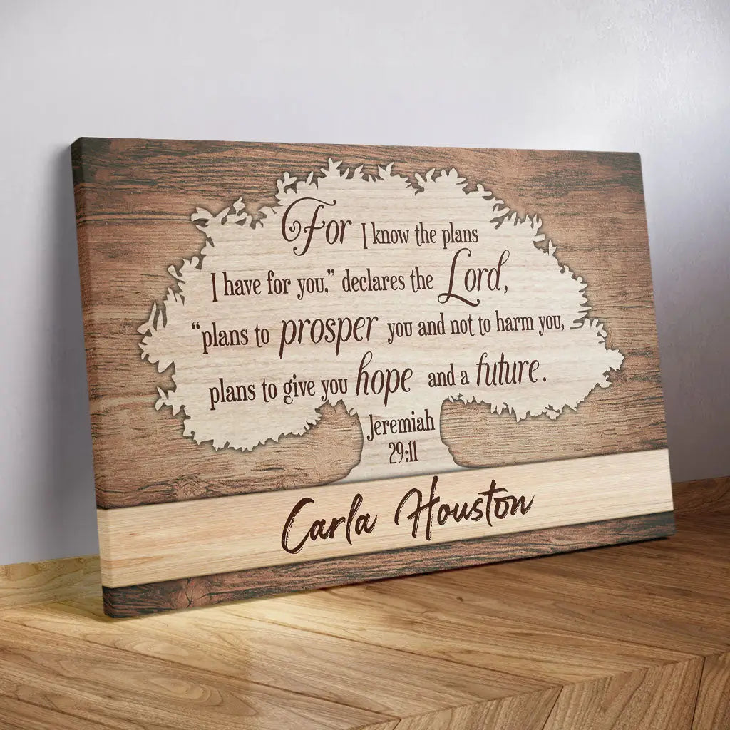 Christian wall art canvas with Jeremiah 29:11 "For I Know The Plans I Have For You" and personalized name, ideal for faith-based gifts.