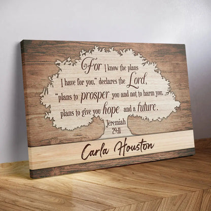 Christian wall art canvas with Jeremiah 29:11 "For I Know The Plans I Have For You" and personalized name, ideal for faith-based gifts.