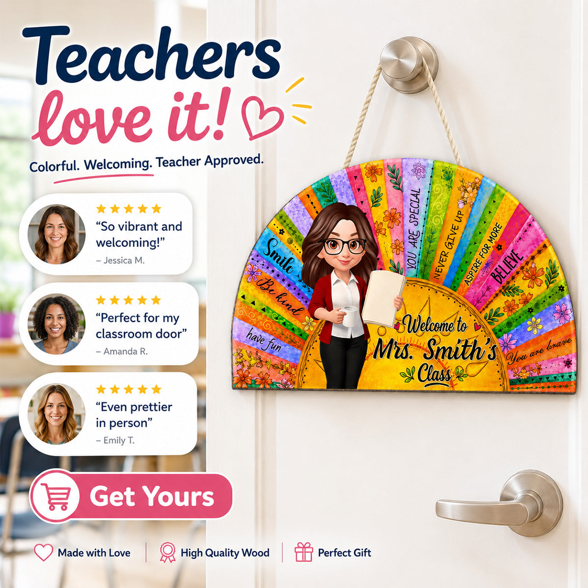 Personalized teacher door sign featuring a colorful boho sun and custom name - perfect classroom welcome hanger image 9