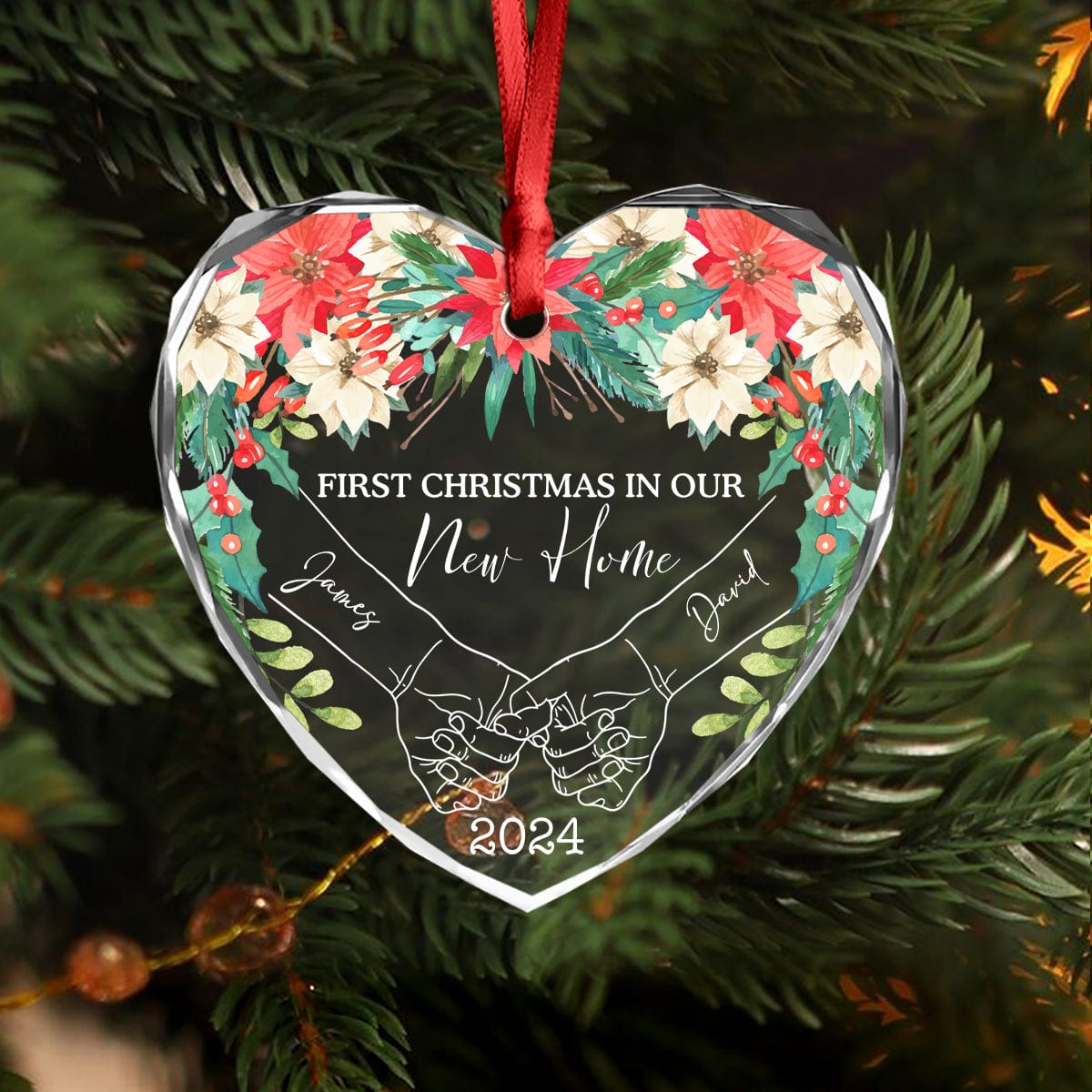 GeckoCustom Personalized Gift Holding Hands First Christmas Couple - Heart Shaped Glass Ornament HA75 891763 8 cm