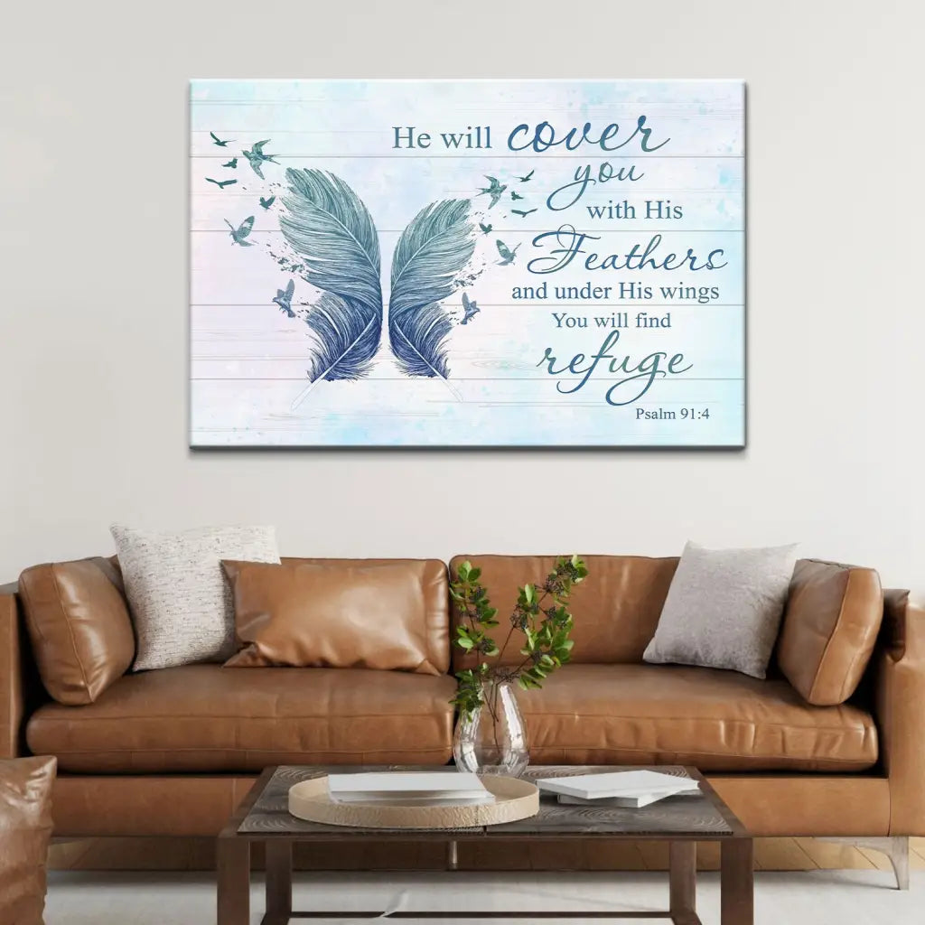 Christian wall art with Psalm 91:4, faith-based canvas about God's protection, perfect gift for any occasion.