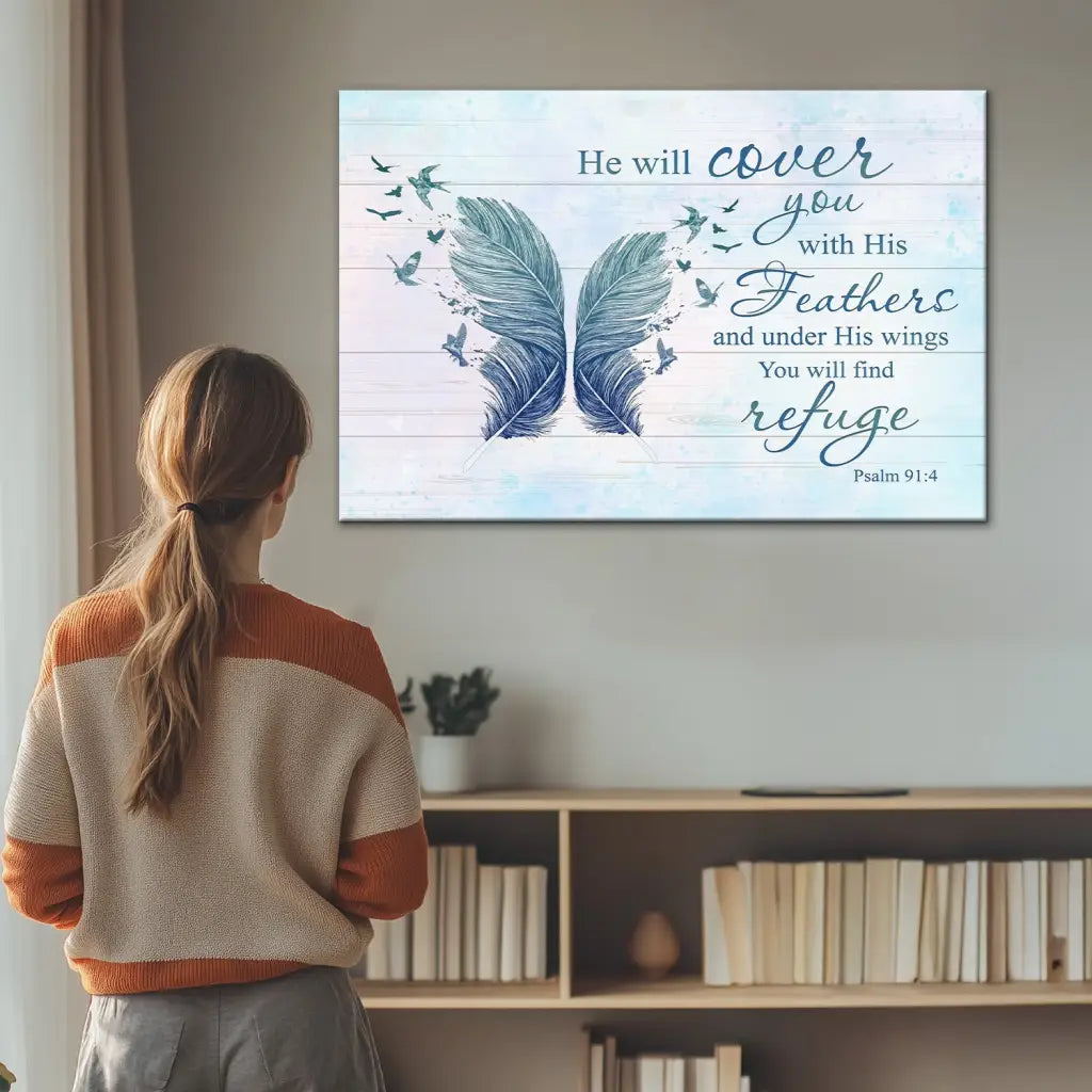 Faith-based Christian artwork with scripture from Psalm 91:4, comforting gift for birthdays or holidays.
