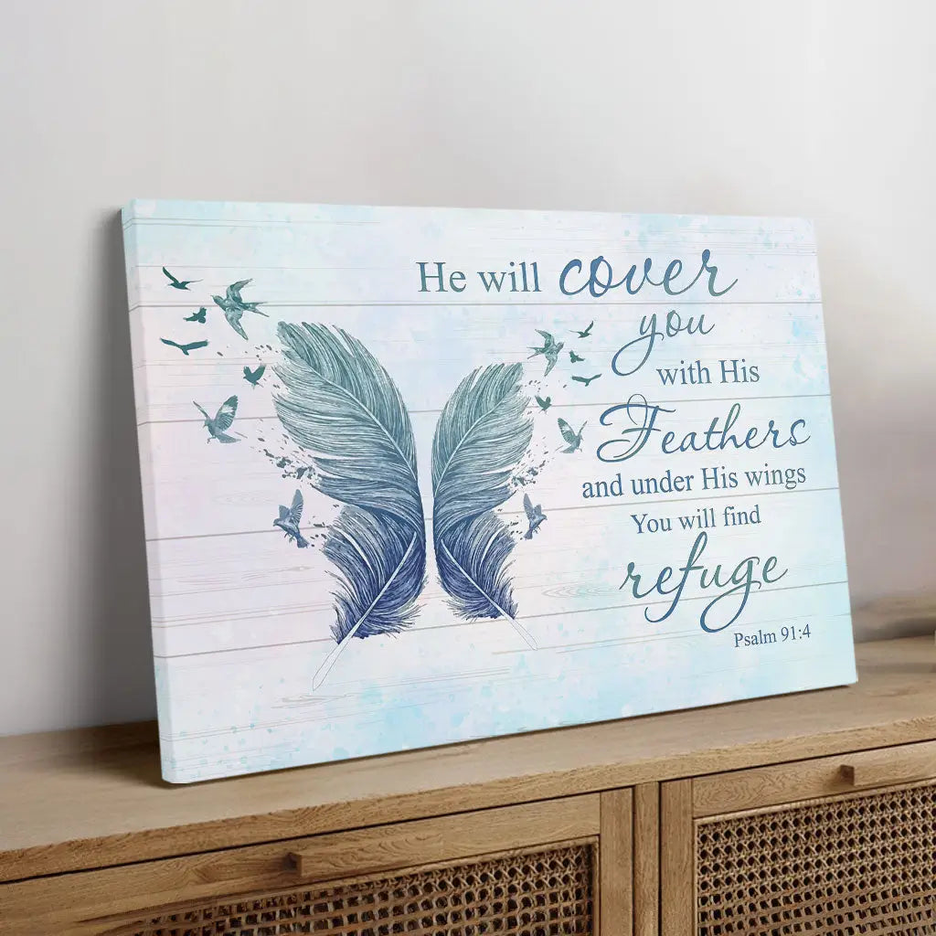 He Will Cover You With His Feathers canvas, inspirational Bible verse wall art for home or prayer space.