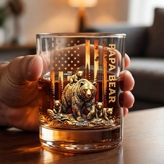 Personalized Papa Bear whiskey glass with American flag backdrop and custom named bear cubs for Dad