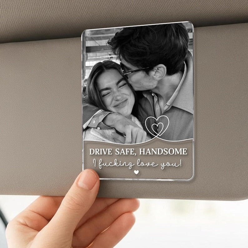 Custom photo car visor clip with a couple picture and drive safe text on a car sun visor image 7