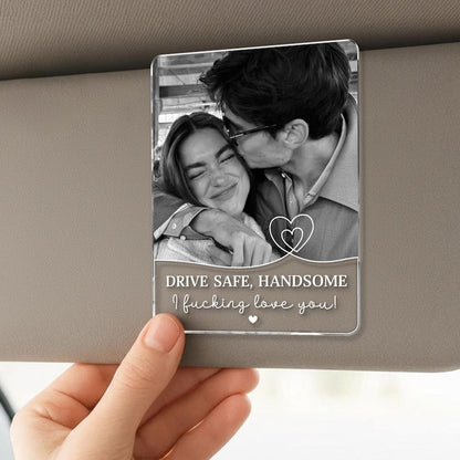 Custom photo car visor clip with a couple picture and drive safe text on a car sun visor image 7