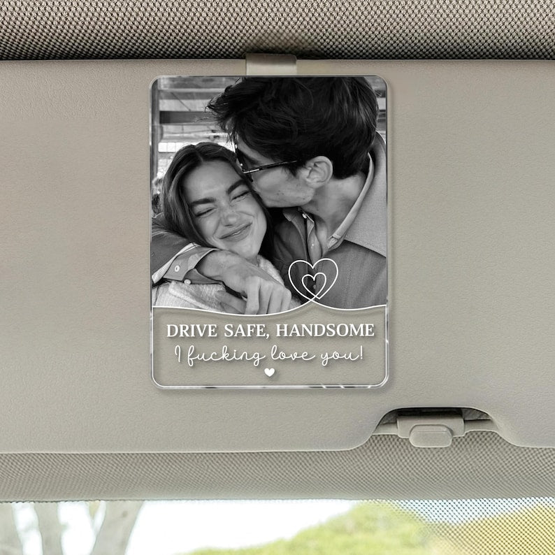 Custom photo car visor clip with a couple picture and drive safe text on a car sun visor image 8