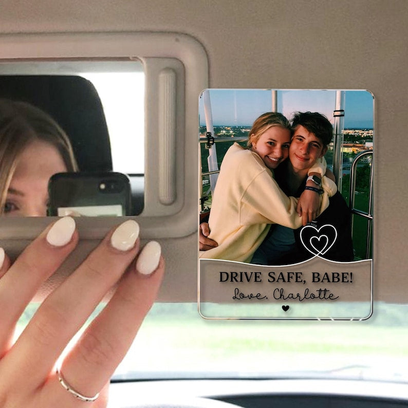 Custom photo car visor clip with a couple picture and drive safe text on a car sun visor image 9