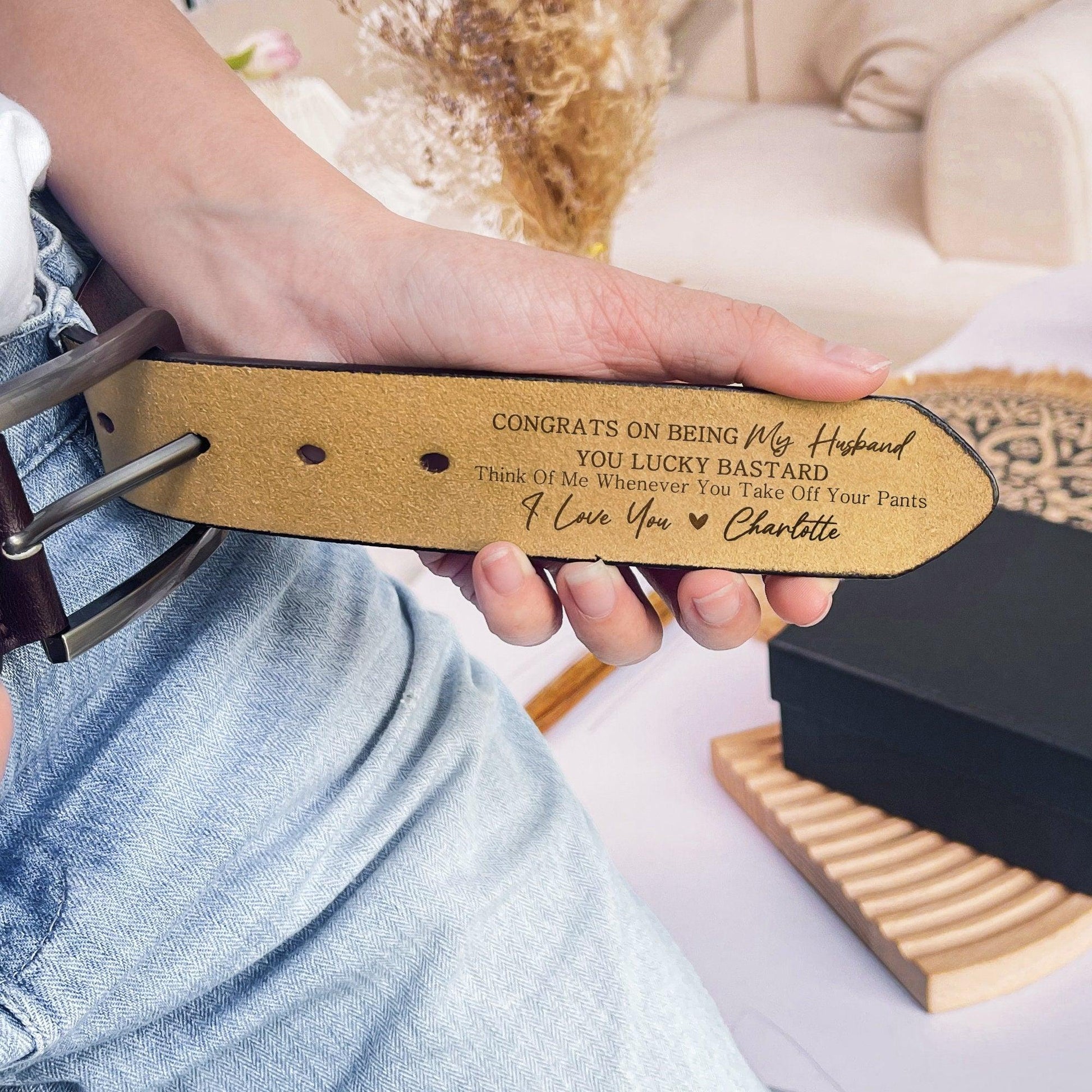 Personalized You Lucky Engraved Leather Belt - Custom Gift for Father's Day