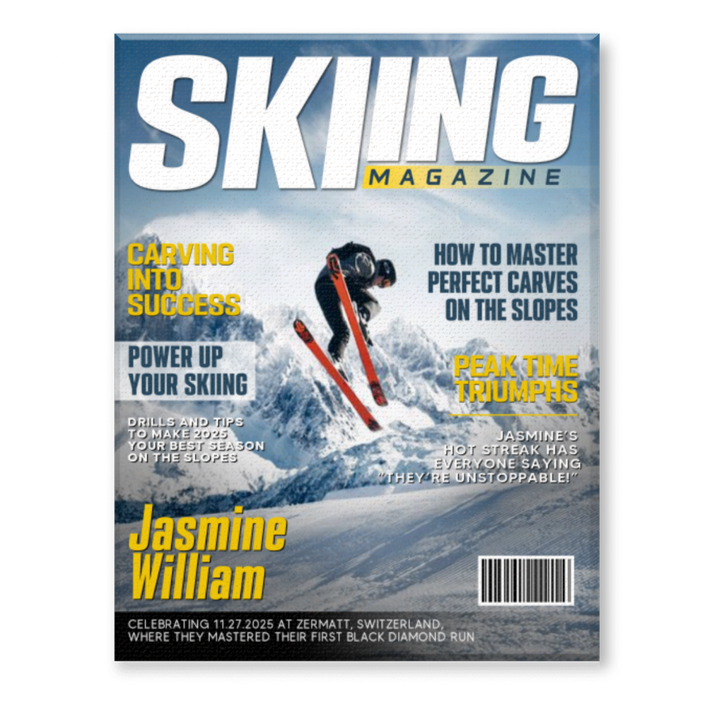 Custom Skiing Magazine Cover for Son/Grandson with personalized design details for meaningful gifting