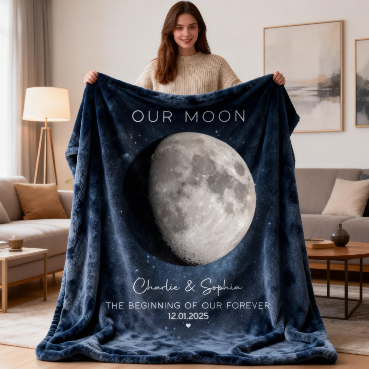 Our Moon Couple Gift - Personalized Moon Phase Art Anniversary Blanket
