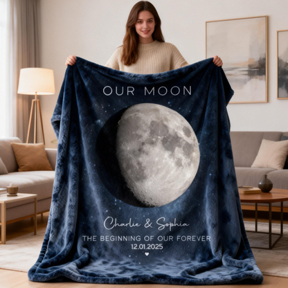 Our Moon Couple Gift - Personalized Moon Phase Art Anniversary Blanket