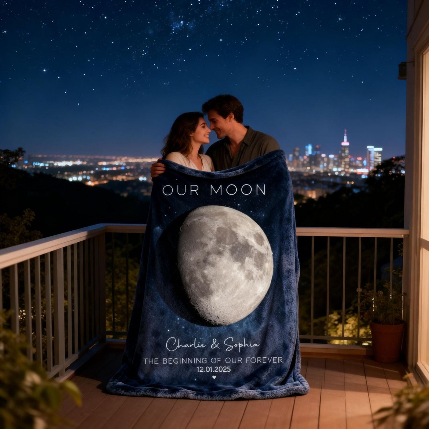 Our Moon Couple Gift - Personalized Moon Phase Art Anniversary Blanket