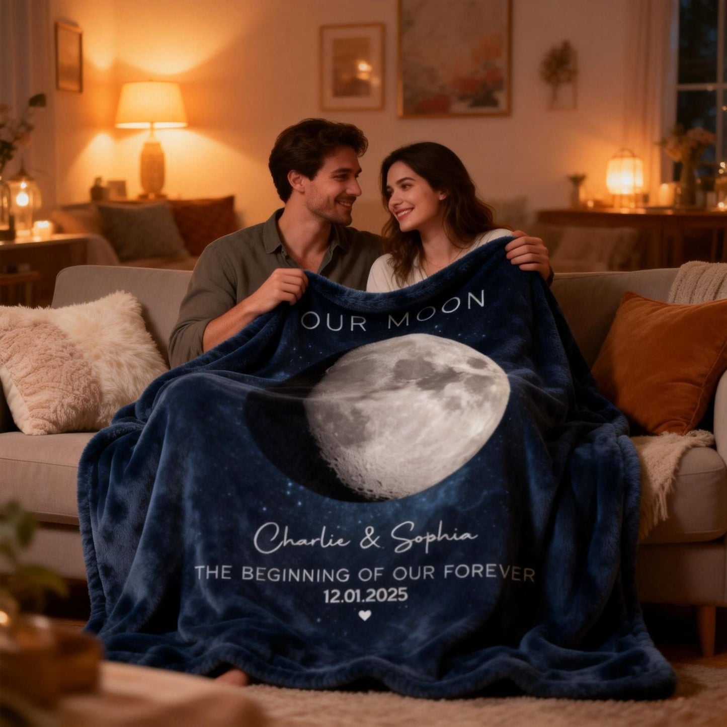 Our Moon Couple Gift - Personalized Moon Phase Art Anniversary Blanket