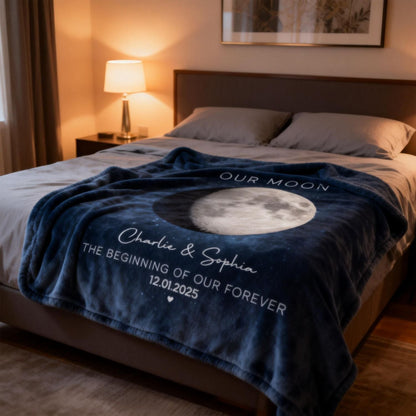 Our Moon Couple Gift - Personalized Moon Phase Art Anniversary Blanket