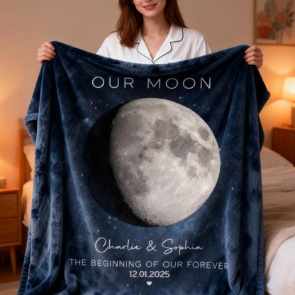 Our Moon Couple Gift - Personalized Moon Phase Art Anniversary Blanket