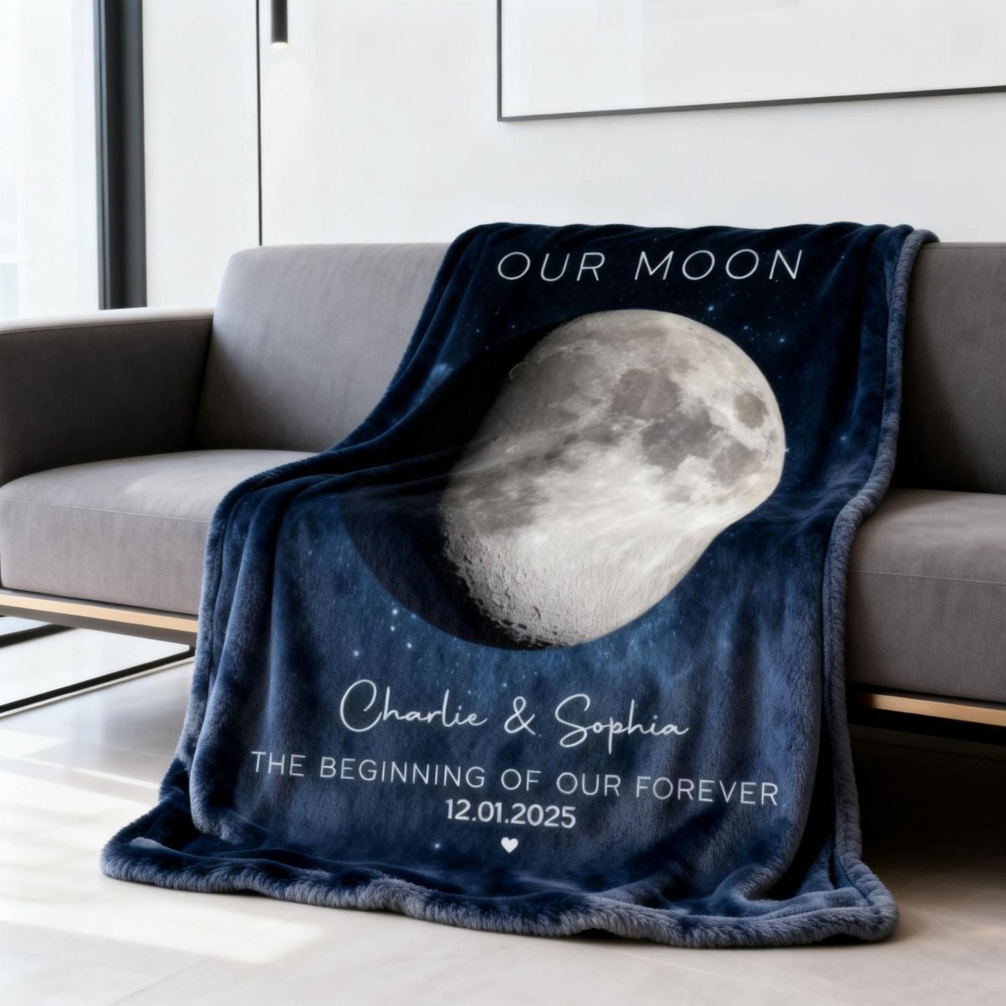 Our Moon Couple Gift - Personalized Moon Phase Art Anniversary Blanket