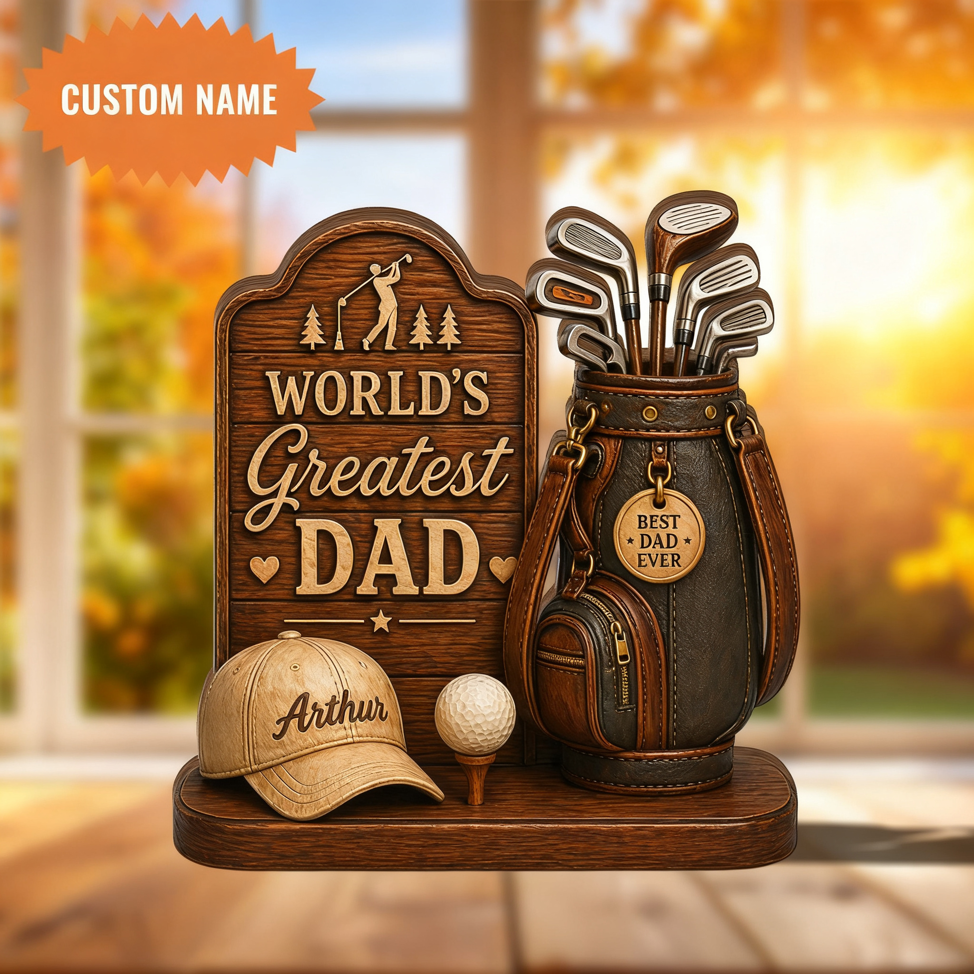 Personalized Golf Dad Wooden Block featuring World's Greatest Dad text and custom name on a cap - custom golfer gift for dad