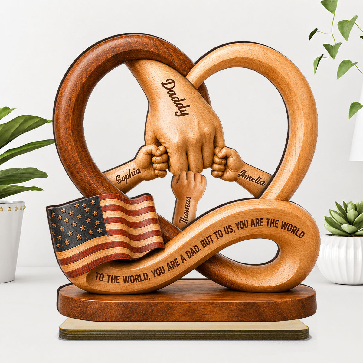 Personalized dad wooden plaque with custom kid fist bump design and American flag detail for Father's Day