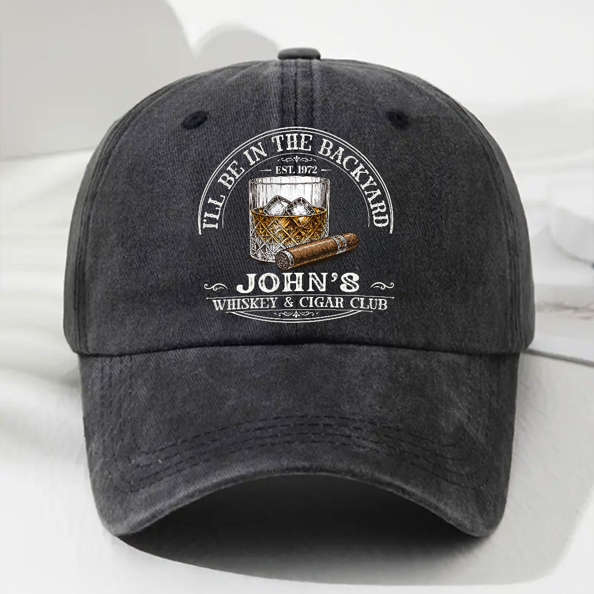 Personalized Whiskey & Cigar Denim Cap for Dad with personalized design details for meaningful gifting