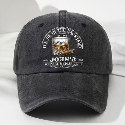 Personalized Whiskey & Cigar Denim Cap for Dad with personalized design details for meaningful gifting
