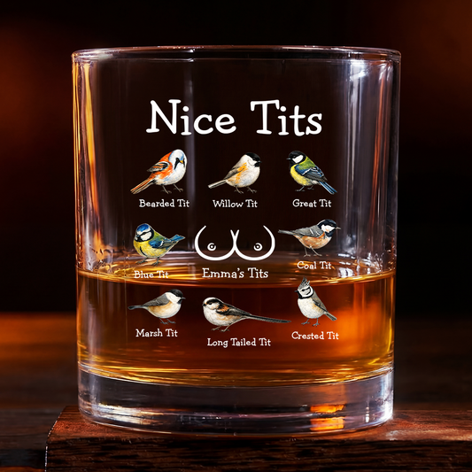 Personalized Nice Tits whiskey glass featuring various bird illustrations and custom name engraving