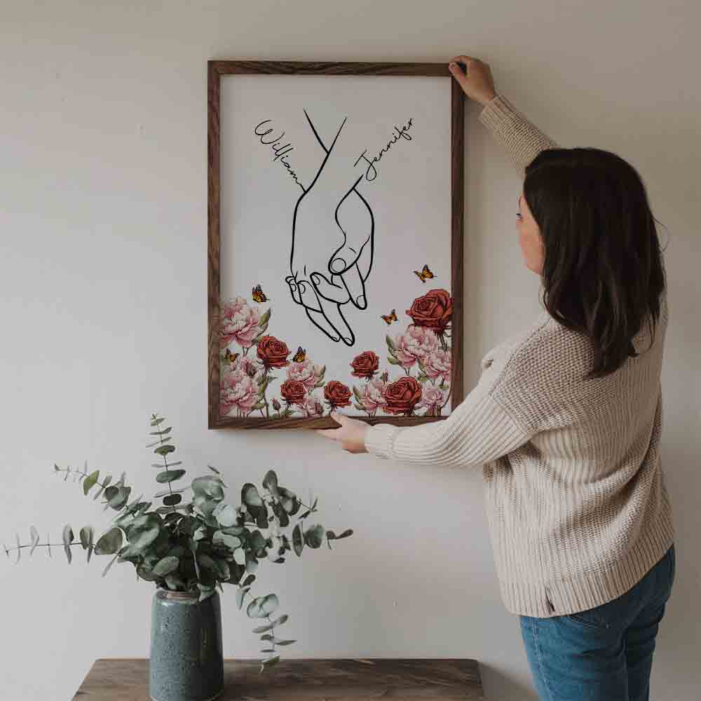 I Love You - Personalized Couple Hand Print Birth Flower Poster / Canvas