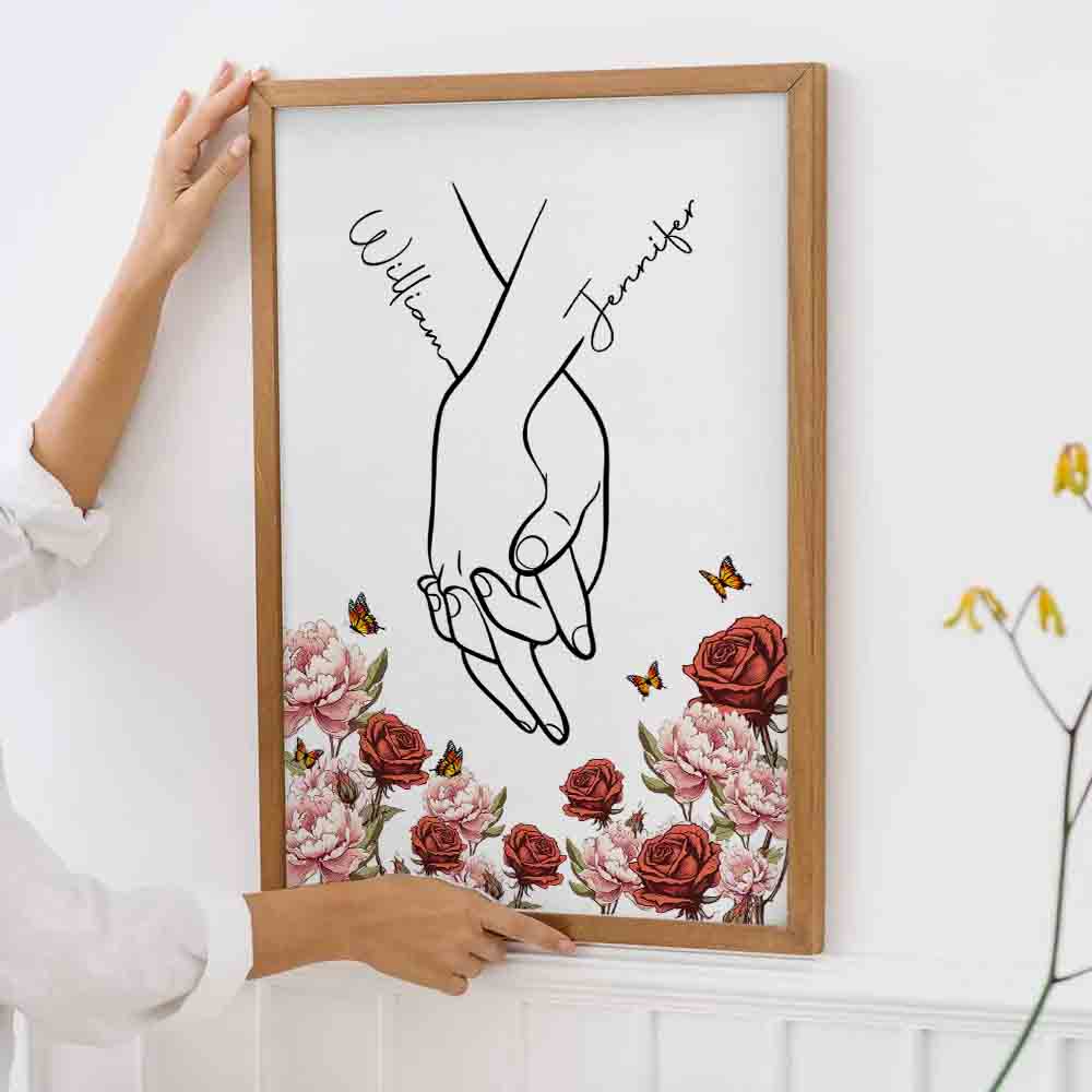 I Love You - Personalized Couple Hand Print Birth Flower Poster / Canvas
