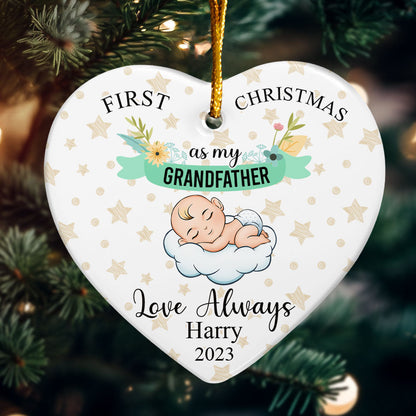 First Christmas As My Grandfather - Personalized Heart Shaped Ceramic Ornament