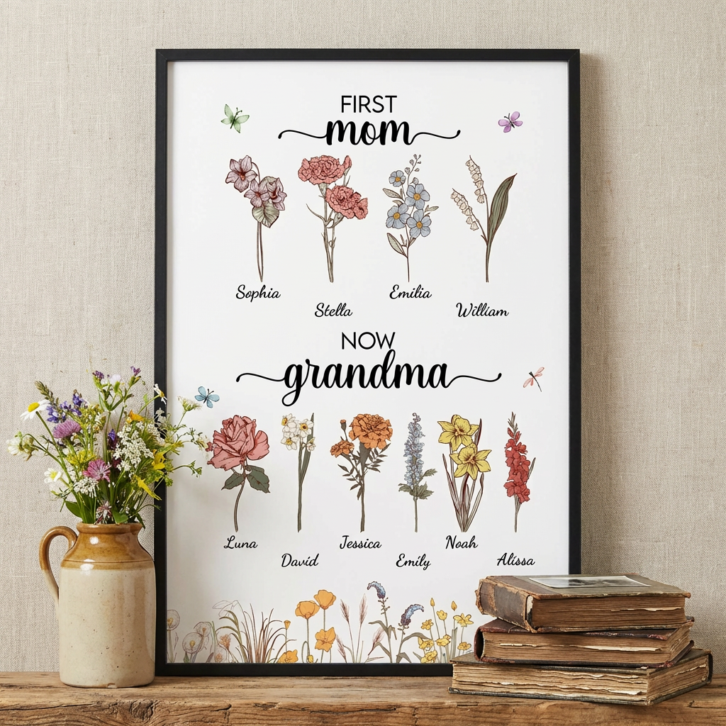 Personalized First Mom Now Grandma Poster / Canvas - Custom Birth Flower With Grandkids Names