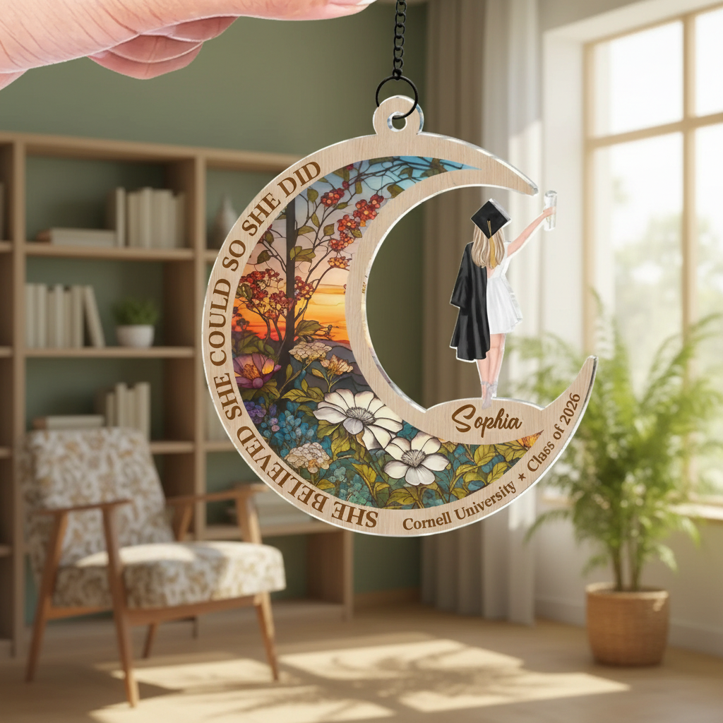 Suncatcher Ornament material and size view - Personalized Graduation Suncatcher
