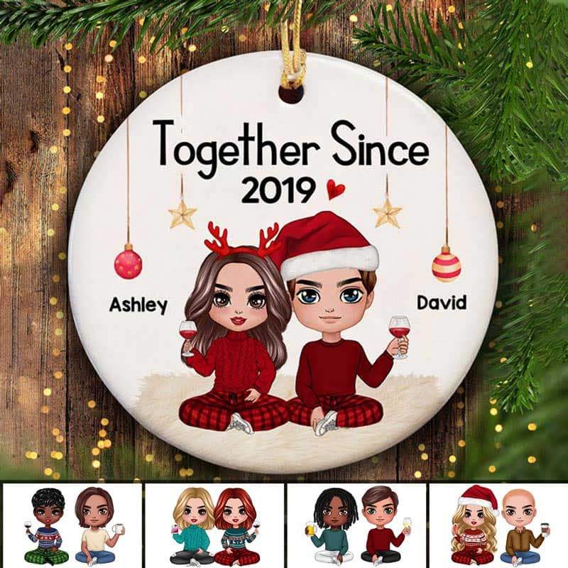 Doll Couple Sitting Christmas Gift For Him For Her Personalized Circle Ceramic Ornament