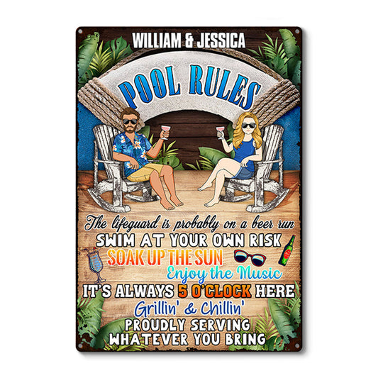 Personalized "Soak Up The Sun" Pool Rules Metal Sign for Couples