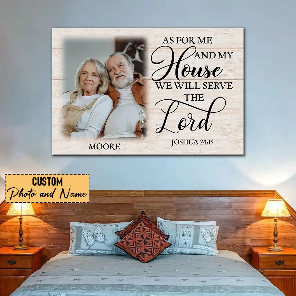 Faith-based wall art with Joshua 24:15 Bible verse, custom family name, and photo, great for religious and inspirational d¨¦cor.