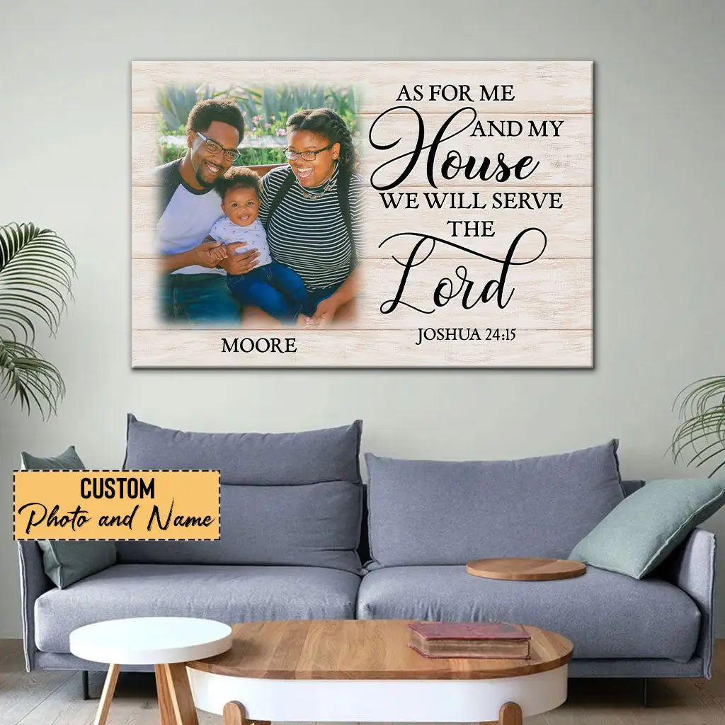 Christian wall art with Joshua 24:15 Bible verse "As for Me and My House," custom family name, and photo, perfect for faith-based d¨¦cor.