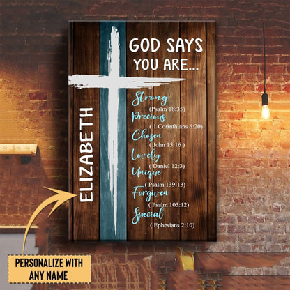 Inspirational wall art canvas featuring "God Says You Are" with custom name, ideal for Christian home d¨¦cor.
