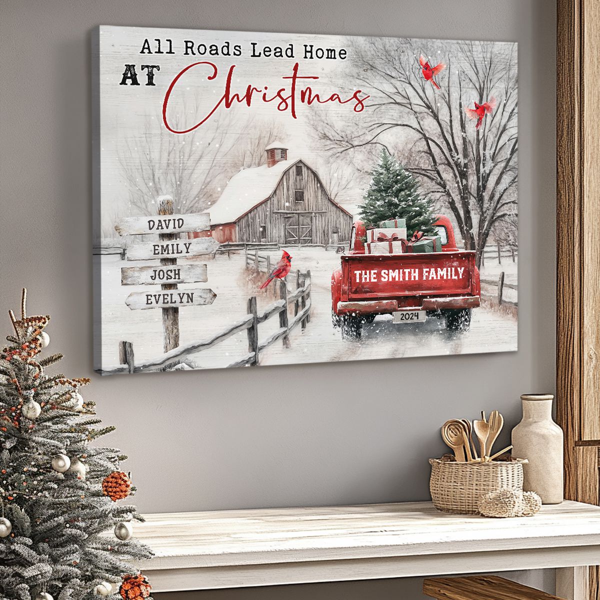 (Now with 11-20 People Option) Customizable ‘All Roads Lead Home at Christmas’ Canvas / Poster - Personalize Names & Year