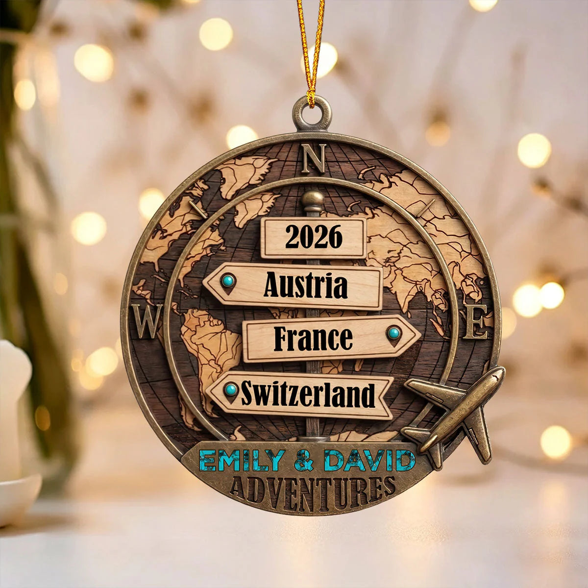 Personalized Travel Wooden Ornament - Custom World Map Keepsake