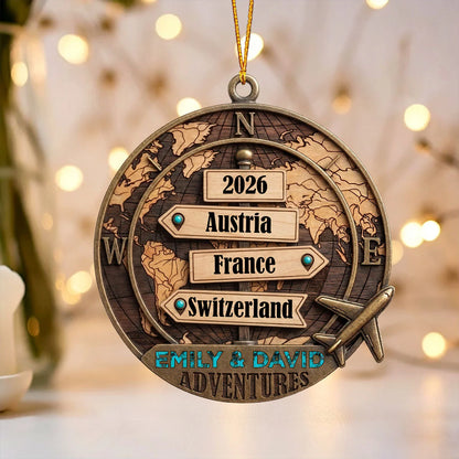 Personalized Travel Wooden Ornament - Custom World Map Keepsake