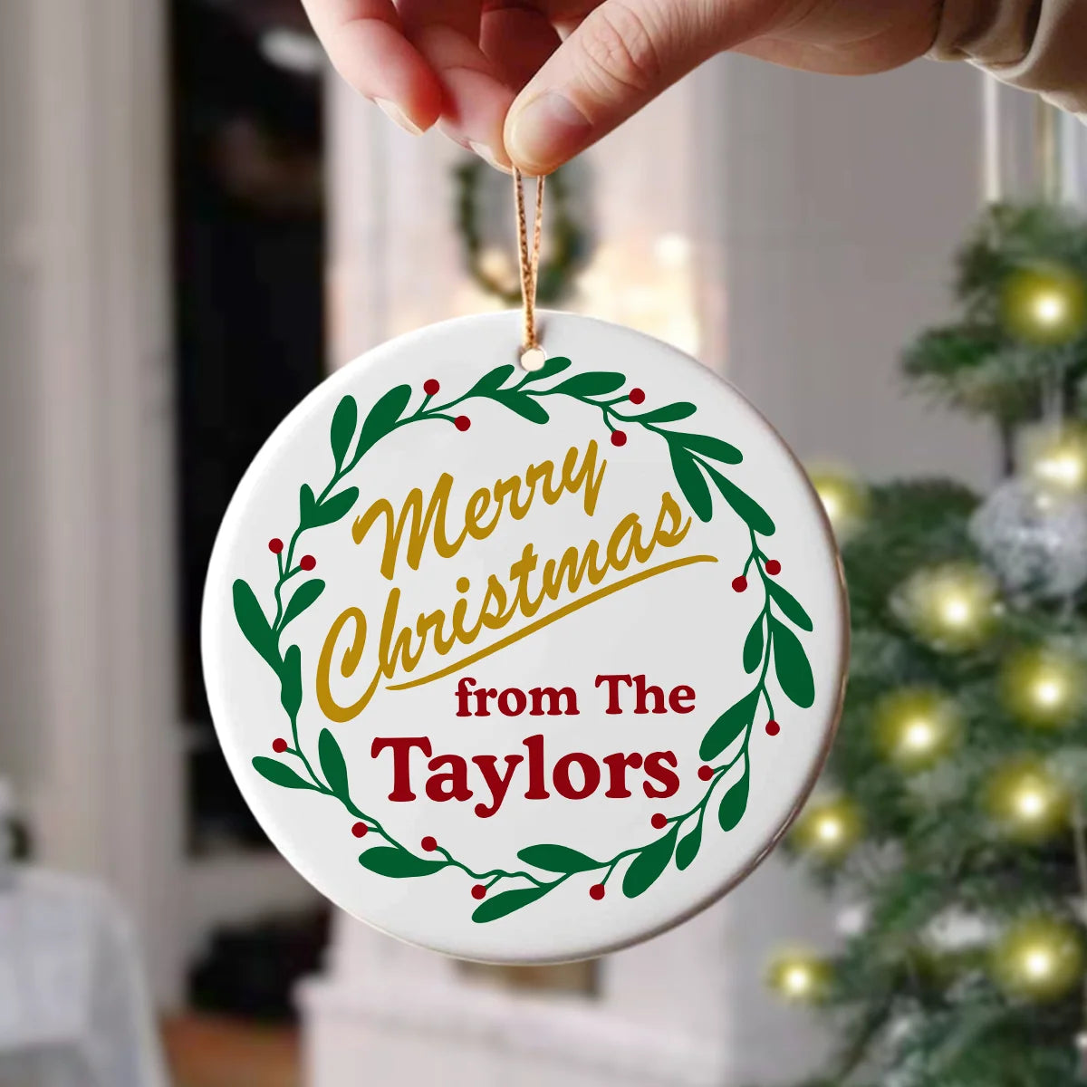 "Merry Christmas from The Family" Custom Ceramic Ornament - Personalized Holiday Keepsake