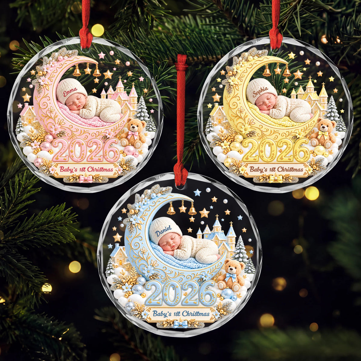 Baby's 1st Christmas Glass Ornament - Custom Sleeping Baby Crescent Moon Keepsake Gift