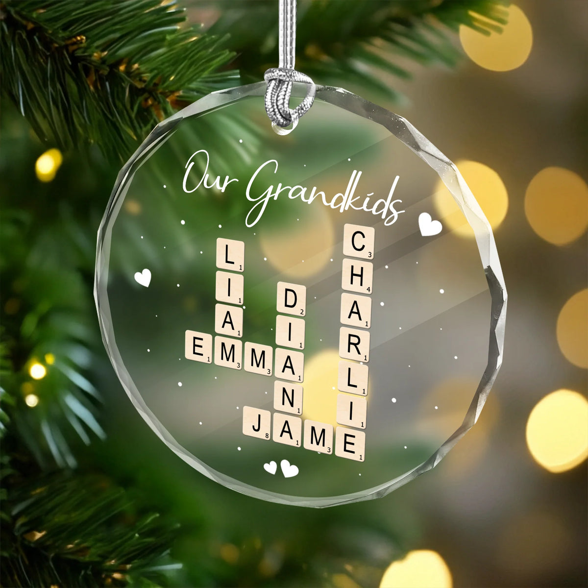 Our Grandkids Personalized Crossword Glass Ornament Custom Family Names Holiday Keepsake