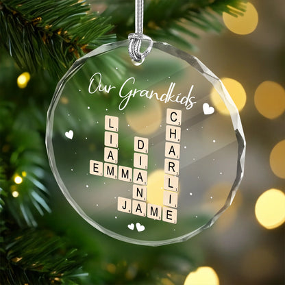 Our Grandkids Personalized Crossword Glass Ornament Custom Family Names Holiday Keepsake