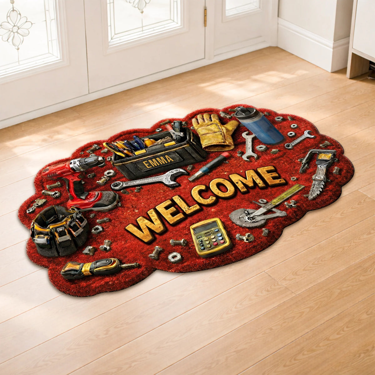 Welcome Toolbox Personalized Shaped Doormat - Custom Garage Workshop Mat for Dad