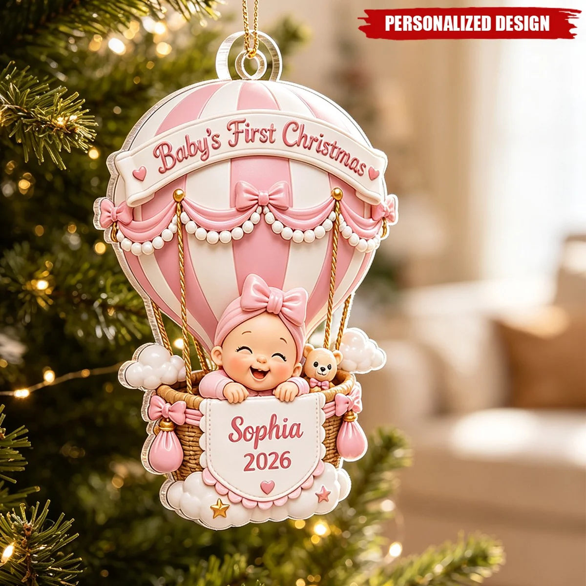 Baby's First Christmas Hot Air Balloon Personalized Acrylic Ornament - Custom Keepsake Gift for Newborns