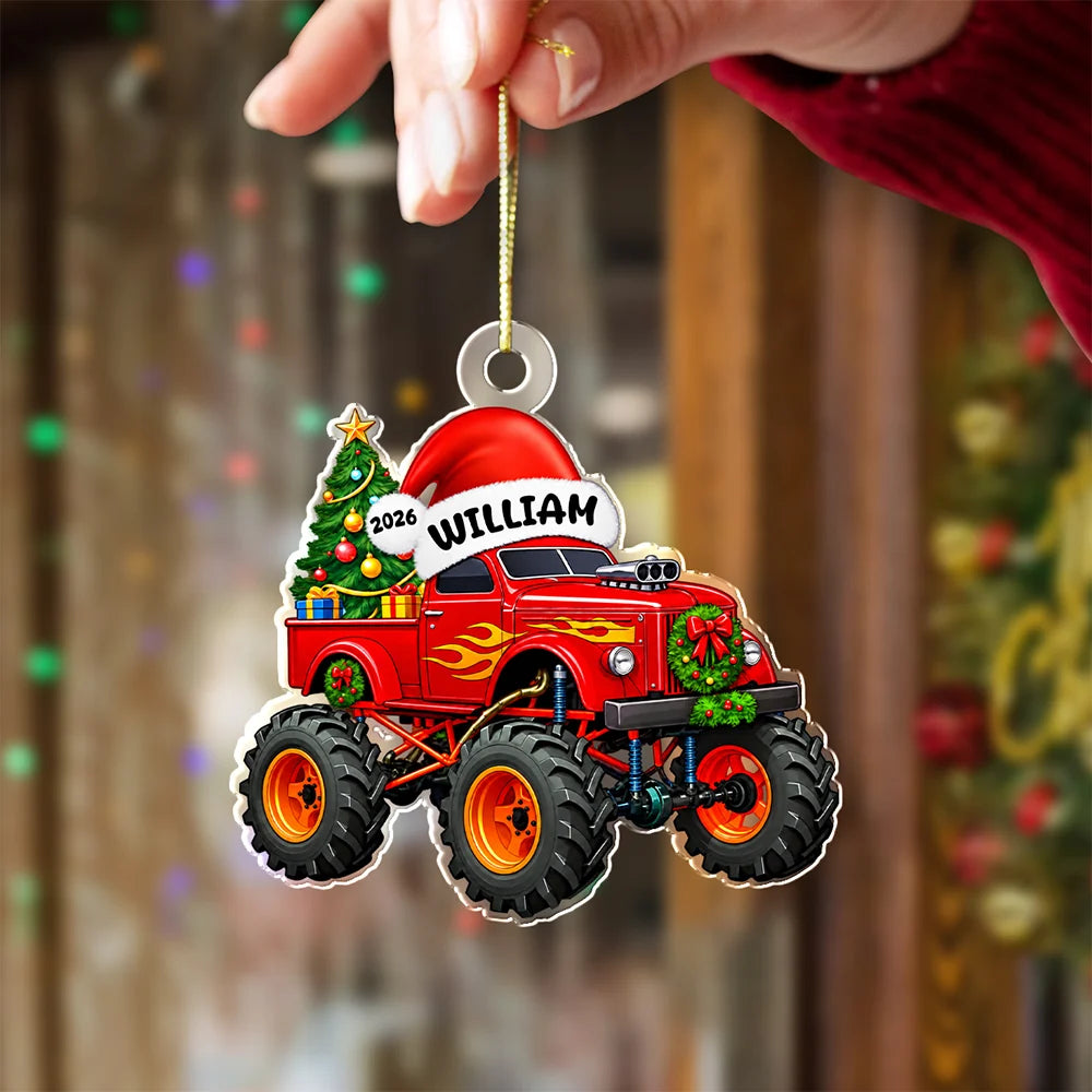 Personalized Monster Truck Acrylic Ornament - Custom Name Christmas Keepsake Gift for Kids