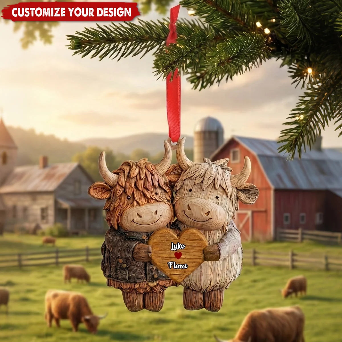 Personalized Highland Cow Couple Wooden Ornament - Custom Anniversary Christmas Keepsake Gift